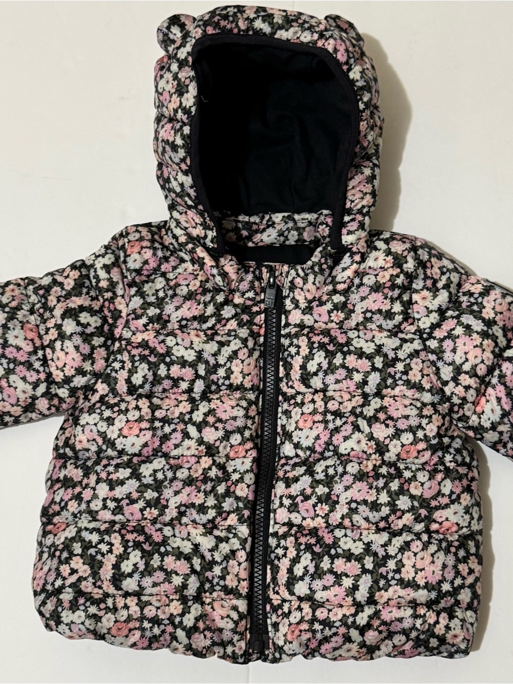 Baby Gap Floral Puffer Jacket - Black with Pink & Cream Flowers 12-18 months
